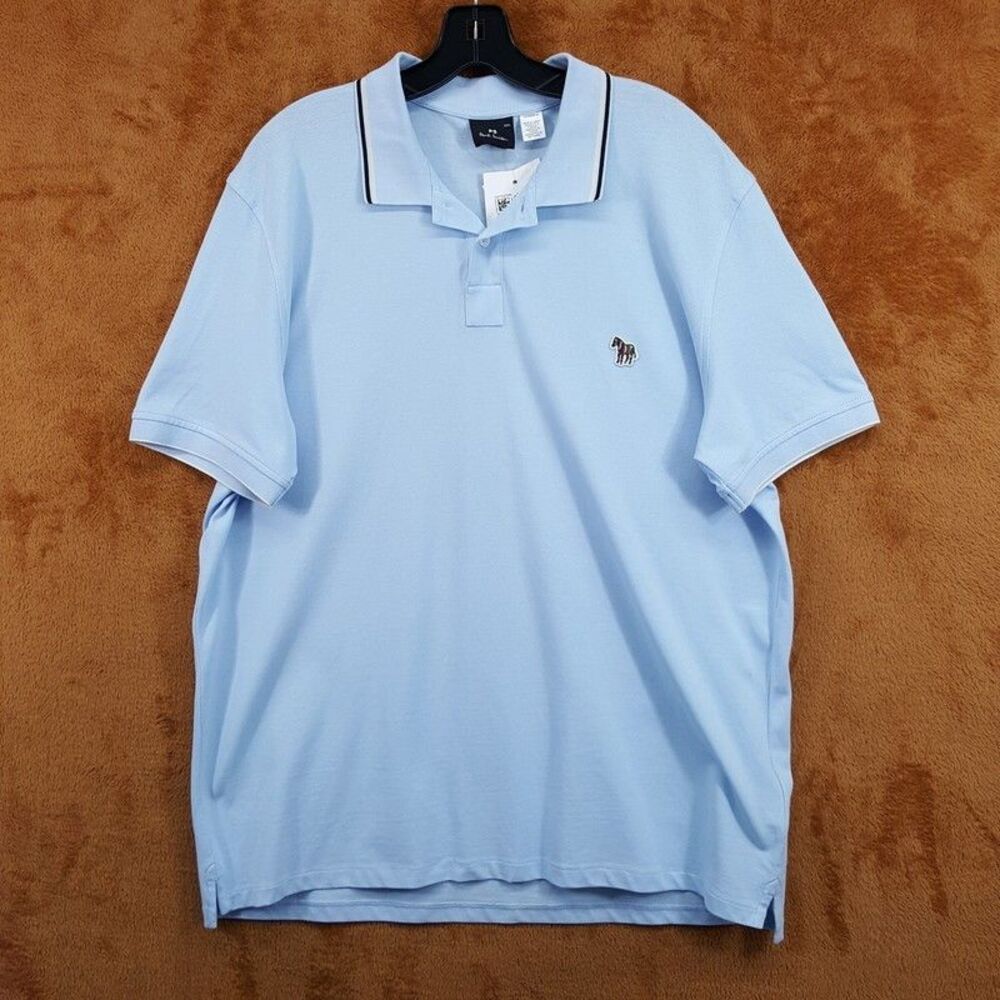 PAUL SMITH Polo Shirt Mens XXL Light Blue Contrast Stripe Trim Short Sleeve $225